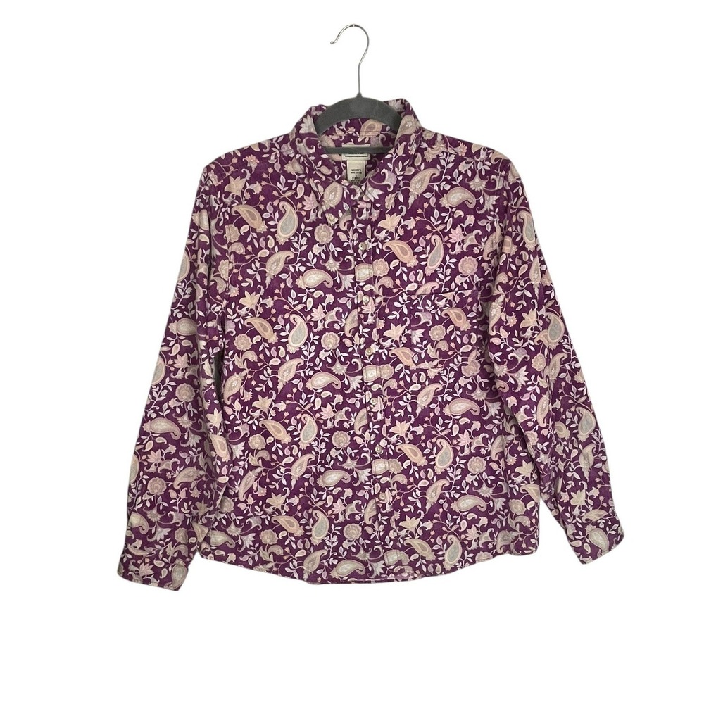 L.L.Bean Women's Large Purple Paisley Corduroy Button Down Shirt Boho